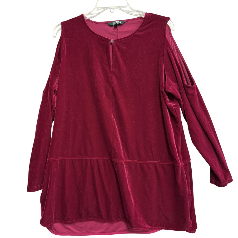 Lauren Ralph Lauren Tunic Blouse Womens‎ XL Red Velvet Cold Shoulder Keyhole